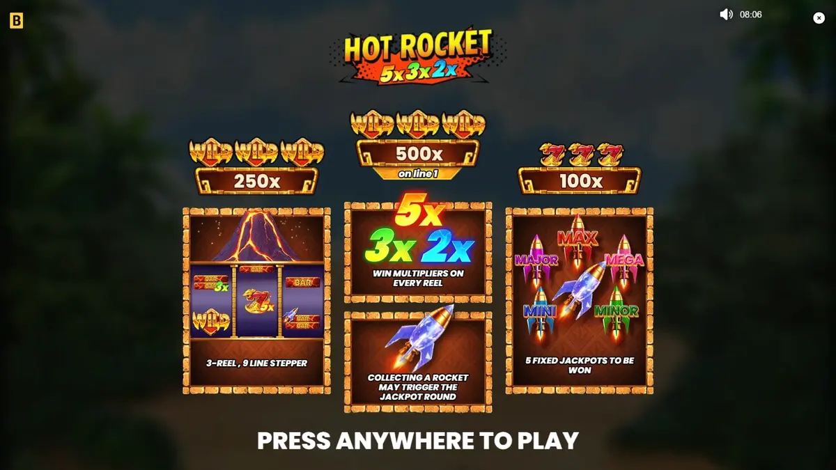 Tampilan visual mesin slot Hot Rocket 5x 3x 2x dengan tema gunung berapi dan simbol retro